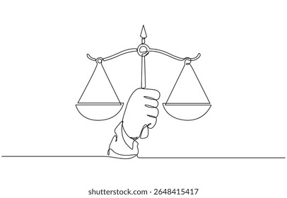 Um único desenho de linha de mão segurando símbolo de escala de peso para o dia mundial da justiça social, Mão segurando balanço de lei de martelo e escala de justiça equilíbrio julgamento de igualdade. Ícone de Libra uma linha 