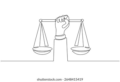 Um único desenho de linha de mão segurando símbolo de escala de peso para o dia mundial da justiça social, Mão segurando balanço de lei de martelo e escala de justiça equilíbrio julgamento de igualdade. Ícone de Libra uma linha 