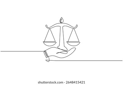 Um único desenho de linha de mão segurando símbolo de escala de peso para o dia mundial da justiça social, Mão segurando balanço de lei de martelo e escala de justiça equilíbrio julgamento de igualdade. Ícone de Libra uma linha 
