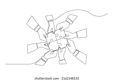 Un solo dibujo de línea. manos de hombres de negocios conectan piezas de rompecabezas en una sola unidad. El trabajo en equipo se une para lograr el concepto de éxito. vector de diseño de trazos de línea continua.	