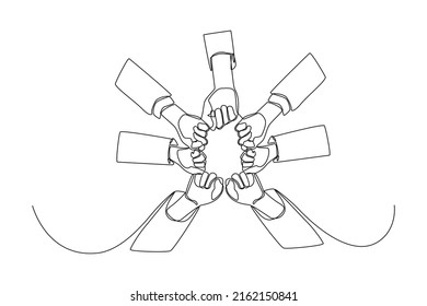 One single line drawing. Hands of team worker making circle with clenched fists. Teamwork united to achieve success.  concept continuous line draw design vector.