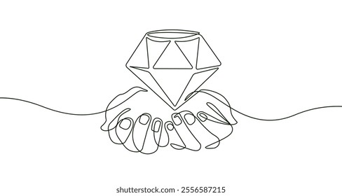 One Single Line Drawing Hands Holds Diamond Crystal Vector Graphic Illustration. Diamond Jewelry Linear Concept. Modern Continuous Line Draw for Modern Design. Not AI