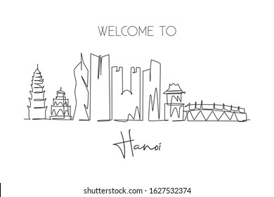 One single line drawing of Hanoi city skyline, Vietnam. Historical town landscape in the world. Best holiday destination poster. Editable stroke trendy continuous line draw design vector illustration