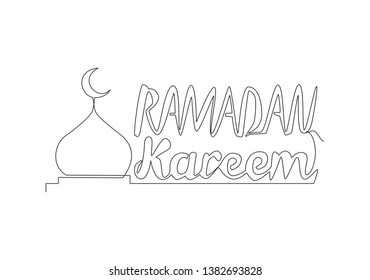 One single line drawing of Happy Eid Al Fitr Mubarak and Ramadan Kareem concept. Islamic holiday calligraphic design for print, greeting card, banner, poster. Continuous line draw design illustration