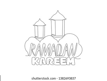 One single line drawing of Happy Eid Al Fitr Mubarak and Ramadan Kareem concept. Islamic holiday calligraphic design for print, greeting card, banner, poster. Continuous line draw design illustration