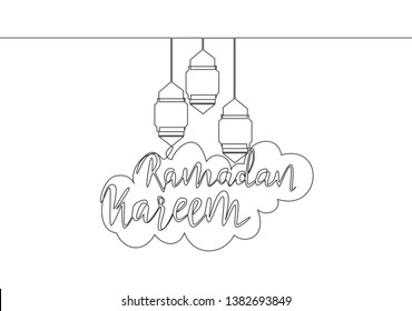 One single line drawing of Happy Eid Al Fitr Mubarak and Ramadan Kareem concept. Islamic holiday calligraphic design for print, greeting card, banner, poster. Continuous line draw design illustration