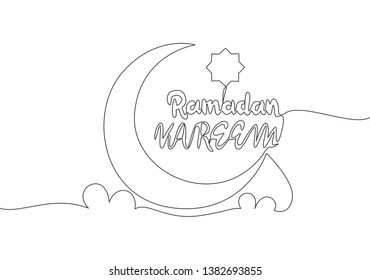 One single line drawing of Happy Eid Al Fitr Mubarak and Ramadan Kareem concept. Islamic holiday calligraphic design for print, greeting card, banner, poster. Continuous line draw design illustration