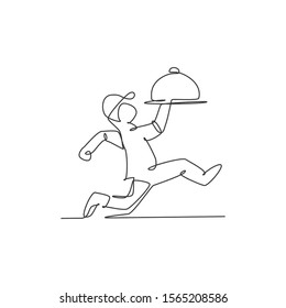 One single line drawing happy young man carrying steel tray cover cloche for food delivery service logo vector graphic illustration. Cafe restaurant badge concept. Modern continuous line draw design