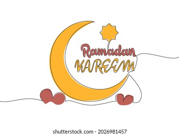 One single line drawing of Happy Eid Al Fitr Mubarak and Ramadan Kareem concept. Islamic holiday calligraphic design for print, greeting card, banner, poster. Continuous line draw design illustration