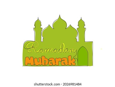 One single line drawing of Happy Eid Al Fitr Mubarak and Ramadan Kareem concept. Islamic holiday calligraphic design for print, greeting card, banner, poster. Continuous line draw design illustration