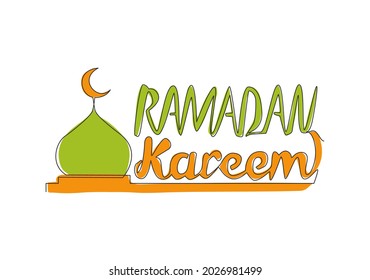 One single line drawing of Happy Eid Al Fitr Mubarak and Ramadan Kareem concept. Islamic holiday calligraphic design for print, greeting card, banner, poster. Continuous line draw design illustration