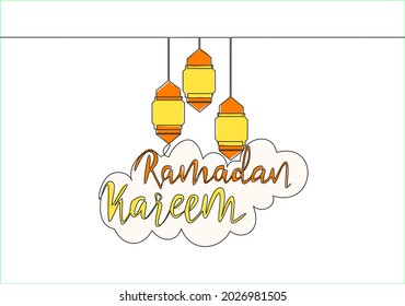 One single line drawing of Happy Eid Al Fitr Mubarak and Ramadan Kareem concept. Islamic holiday calligraphic design for print, greeting card, banner, poster. Continuous line draw design illustration