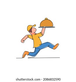 One single line drawing happy young man carrying steel tray cover cloche for food delivery service logo vector graphic illustration. Cafe restaurant badge concept. Modern continuous line draw design