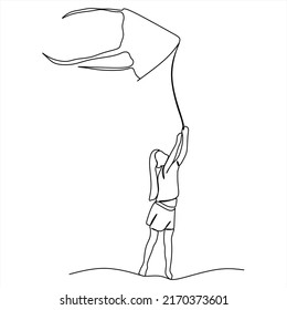 One single line drawing of happy young teenager girl playing to fly kite up into the sky at outdoor field in summer time. Freedom and passion creative theme hand-drawn minimalist design