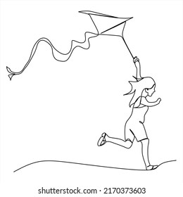 One single line drawing of happy young teenager girl playing to fly kite up into the sky at outdoor field in summer time. Freedom and passion creative theme hand-drawn minimalist design