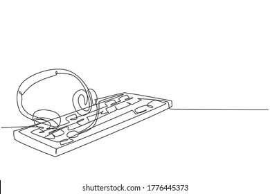 One single line drawing of headphone with microphone and keyboard on the work desk as customer service care equipment tools. Call center concept continuous line graphic draw design vector illustration