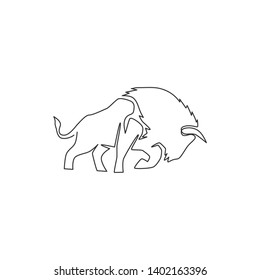 One single line drawing of healthy organic american bison for livestock cattle logo identity. Big buffalo mascot concept for canned meat food. Dynamic one line vector graphic draw design illustration