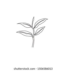 One single line drawing healthy organic tea leaves for plantation logo identity. Fresh tender bud of tea shoot concept for tea leaf icon. Modern continuous line draw design graphic vector illustration