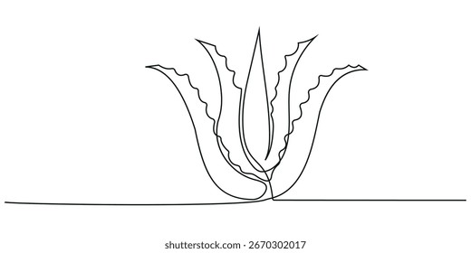 Un solo dibujo de línea de aloe vera orgánico saludable para la identidad del logotipo de la granja, boceto de la planta de aloe vera, Ilustración vectorial simple, fondo, diseño de etiquetas. Un estilo de arte de dibujo de línea continua.