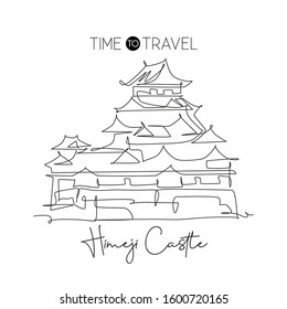 One single line drawing Himeji Castle landmark. World famous iconic palace in Himeji, Japan. Tourism travel postcard wall decor print concept. Modern continuous line draw design vector illustration