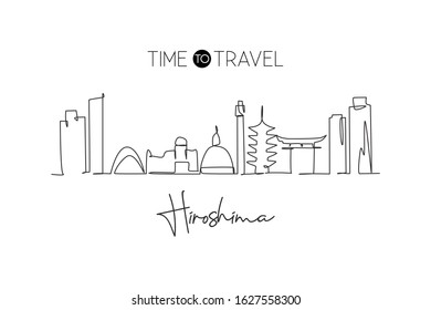 One single line drawing of Hiroshima city skyline, Japan. Historical town landscape. Best holiday destination home art wall decor poster print. Trendy continuous line draw design vector illustration