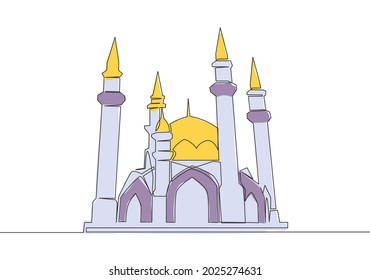 One single line drawing of historical dome landmark mosque or masjid. Holy place to prayer for Islam people concept continuous line draw design vector illustration