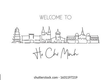 One single line drawing Ho Chi Minh city skyline  Vietnam  World town landscape home decor wall art poster print  Best place holiday destination  Trendy continuous line draw design vector illustration