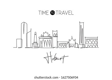 One single line drawing of Hobart city skyline, Australia. Historical town landscape in world. Best holiday destination poster. Editable stroke trendy continuous line draw design vector illustration