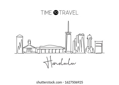 One single line drawing Honolulu city skyline, Hawaii. Historical town landscape in the world. Best holiday destination poster. Editable stroke trendy continuous line draw design vector illustration