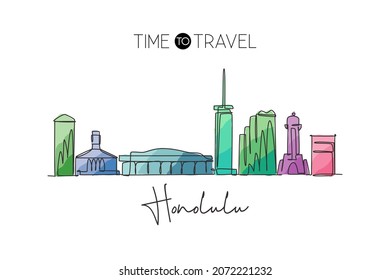 Dibujo de una sola línea en el horizonte de la ciudad de Honolulu, Hawaii. El paisaje histórico de la ciudad en el mundo. Mejor afiche de destino de vacaciones. Dibujo de línea continua de trazo editable ilustración vectorial