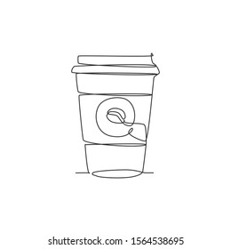 One single line drawing of hot fresh paper cup of coffee logo vector graphic illustration. Coffee shop cafe menu and restaurant badge concept. Modern continuous line draw design street drink logotype