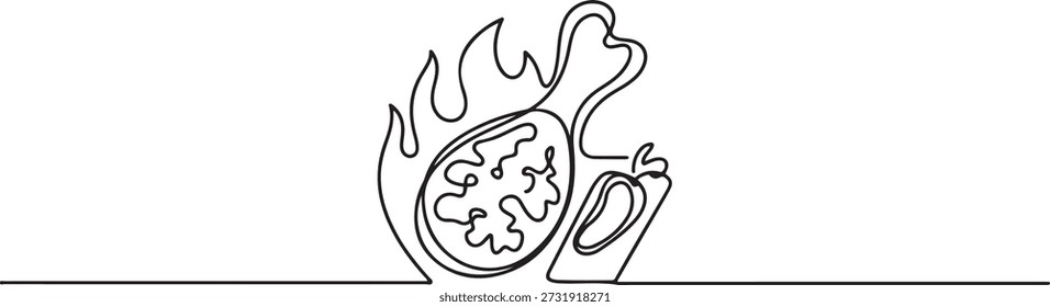 One single line drawing of hot spicy and crispy fried chicken store logo vector illustration. Fast food cafe menu and restaurant badge concept. one line Icon drawing
