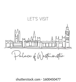 One single line drawing house of parliament London landmark in England United Kingdom. Tourism travel postcard home wall decor art poster print concept. Continuous line draw design vector illustration