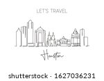 One single line drawing of Houston city skyline, United States. Historical town landscape in the world. Best holiday destination. Editable stroke trendy continuous line draw design vector illustration
