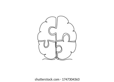One single line drawing of human braid forming from piece of puzzles logo identity. Smart psychological office icon logotype concept. Dynamic continuous line draw design vector graphic illustration