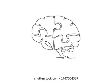 One single line drawing of human brain forming from pieces of puzzles logo identity. Psychological office to find personality icon logotype concept. Continuous line draw design vector illustration