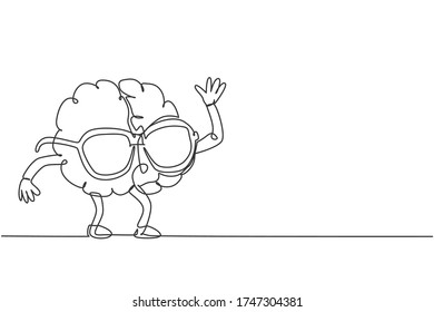 One single line drawing of human brain wearing stylish sunglasses logo identity. Character for optical shop icon logotype concept. Dynamic continuous line draw design graphic vector illustration