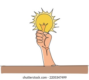 One Single Line Drawing Of Human Hand Hold Light Bulb Logo Identity. Power Up Energy Logotype Icon Template Concept. Dynamic Continuous Line Draw Design Graphic Vector Illustration