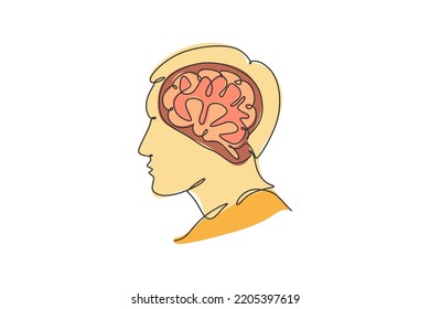 One Single Line Drawing Of Human Head With Brain Inside From Side View Logo Identity. Psychology Office Icon Logotype Concept. Dynamic Continuous Line Draw Graphic Design Vector Illustration