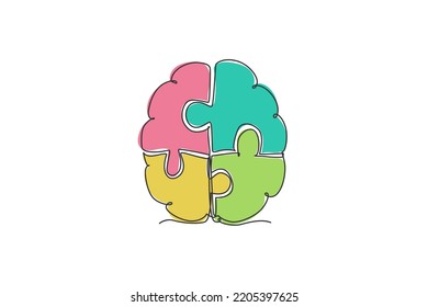 One single line drawing of human braid forming from piece of puzzles logo identity. Smart psychological office icon logotype concept. Dynamic continuous line draw design vector graphic illustration