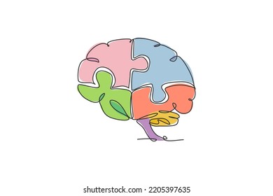 One single line drawing of human brain forming from pieces of puzzles logo identity. Psychological office to find personality icon logotype concept. Continuous line draw design vector illustration