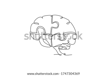 One single line drawing of human brain forming from pieces of puzzles logo identity. Psychological office to find personality icon logotype concept. Continuous line draw design vector illustration