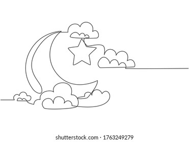 One single line drawing islamic ornament and moon   star   cloudy sky white background  Ramadan Kareem greeting card  banner    poster concept  Continuous line draw vector illustration