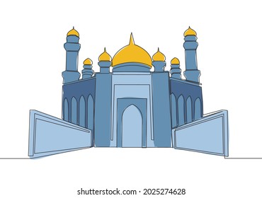 One single line drawing of Islamic historical dome landmark masjid or mosque. Holy place to prayer for Islam people concept continuous line draw design vector illustration