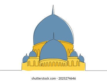 Eine einzige Linie Zeichnung der islamischen historischen Kuppel Wahrzeichen Masjid oder Moschee. Heiliger Ort zum Gebet für den Islam Menschen Konzept kontinuierliche Linie zeichnen Design Vektorgrafik