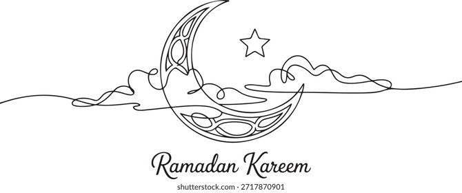 One single line drawing of islamic ornament with moon and star and cloudy sky on white background. Ramadan Kareem greeting card, banner, and poster concept. one line Icon drawing
