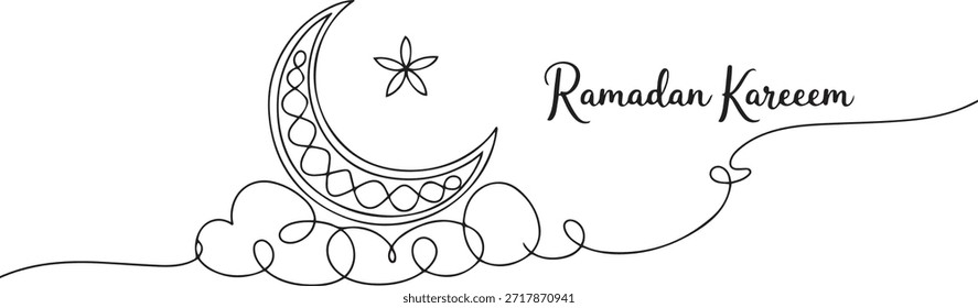 One single line drawing of islamic ornament with moon and star and cloudy sky on white background. Ramadan Kareem greeting card, banner, and poster concept. one line Icon drawing
