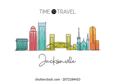 One single line drawing of Jacksonville city skyline, USA. Historical town landscape in world. Best holiday destination poster. Editable stroke trendy continuous line draw design vector illustration