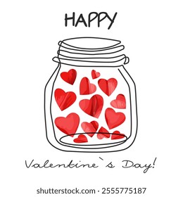 One Single Line Drawing of Jar with Red Hearts Vector Simple Graphic Illustration. Love Linear Concept. Modern Continuous Line Draw for Valentine`s Day Design. Not AI