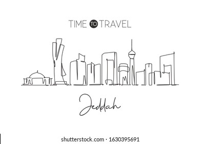 One single line drawing of Jeddah city skyline, Saudi Arabia. World historical town landscape. Best holiday destination wall decor poster print. Trendy continuous line draw design vector illustration